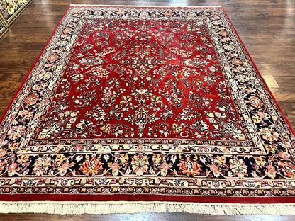 Indo Persian Sarouk Rug 8x10, Red, Floral Allover, Handmade Vintage Wool Carpet, Traditional Rug
