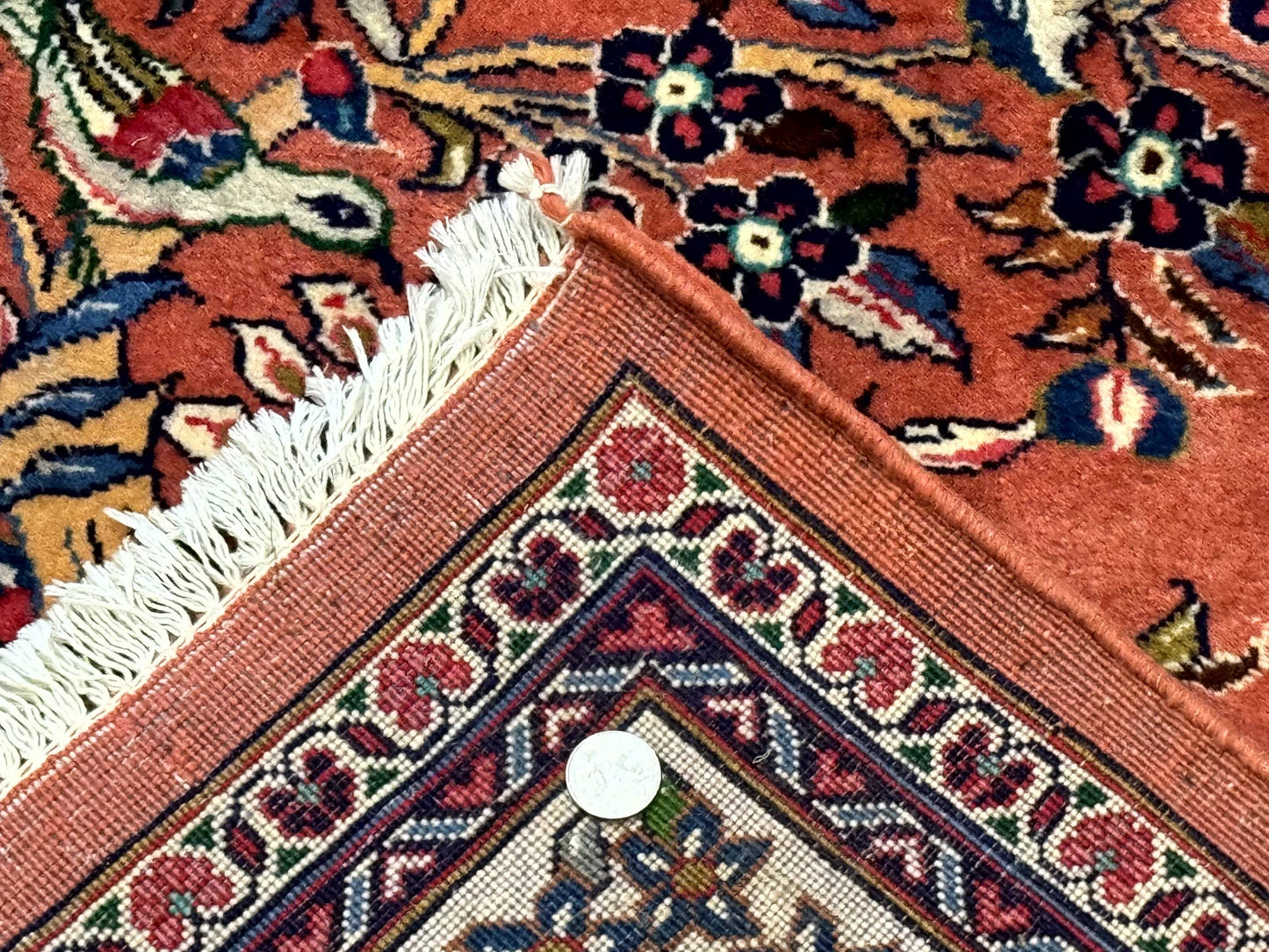 Persian Sarouk Rug 7x10 Red Ivory Floral Bouquets With Birds