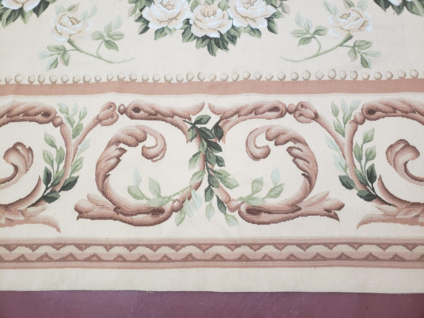 Elegant Aubusson Rug 10 x 14, Cream and Ivory Simple Aubusson Floral Carpet, Hand-Woven, European, New Aubusson Rug, Wool Area Rug, Violins