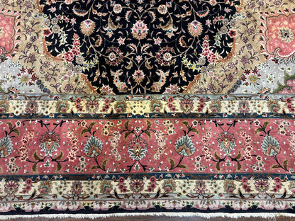 Persian Tabriz Rug 11x16 Hand Knotted Wool On Silk Floral Medallion Black Pink