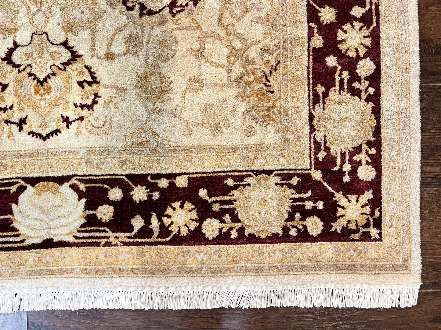 Peshawar Rug 5x7, Beige and Maroon, Vintage Handmade Wool Traditional Carpet 5 x 7 ft, Pakistani Rug, Agra Pattern, Very Fine 260 KPSI