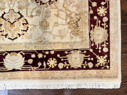Peshawar Rug 5x7, Beige and Maroon, Vintage Handmade Wool Traditional Carpet 5 x 7 ft, Pakistani Rug, Agra Pattern, Very Fine 260 KPSI