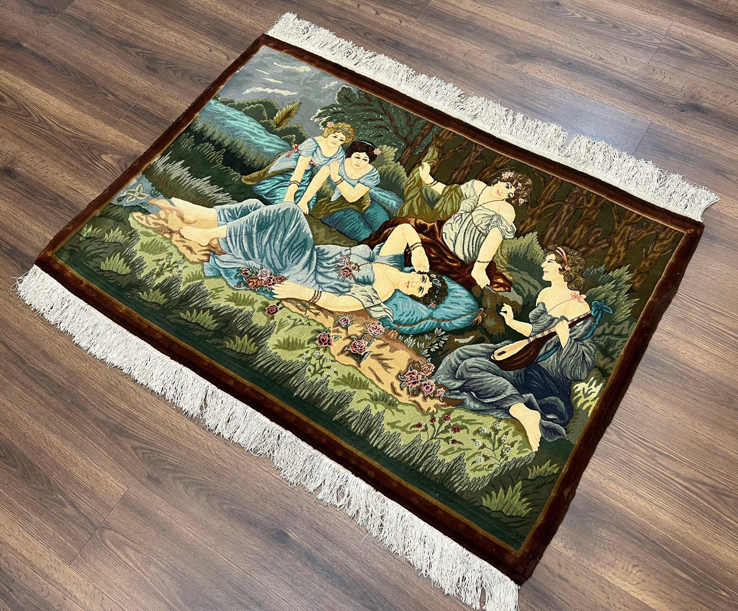 Persian Tabriz Pictorial Rug 5x3, Women Laying By River, Super Fine 60 Raj 480+ KPSI, Hand Knotted Wool Rug, Semi Antique Vintage Oriental Carpet