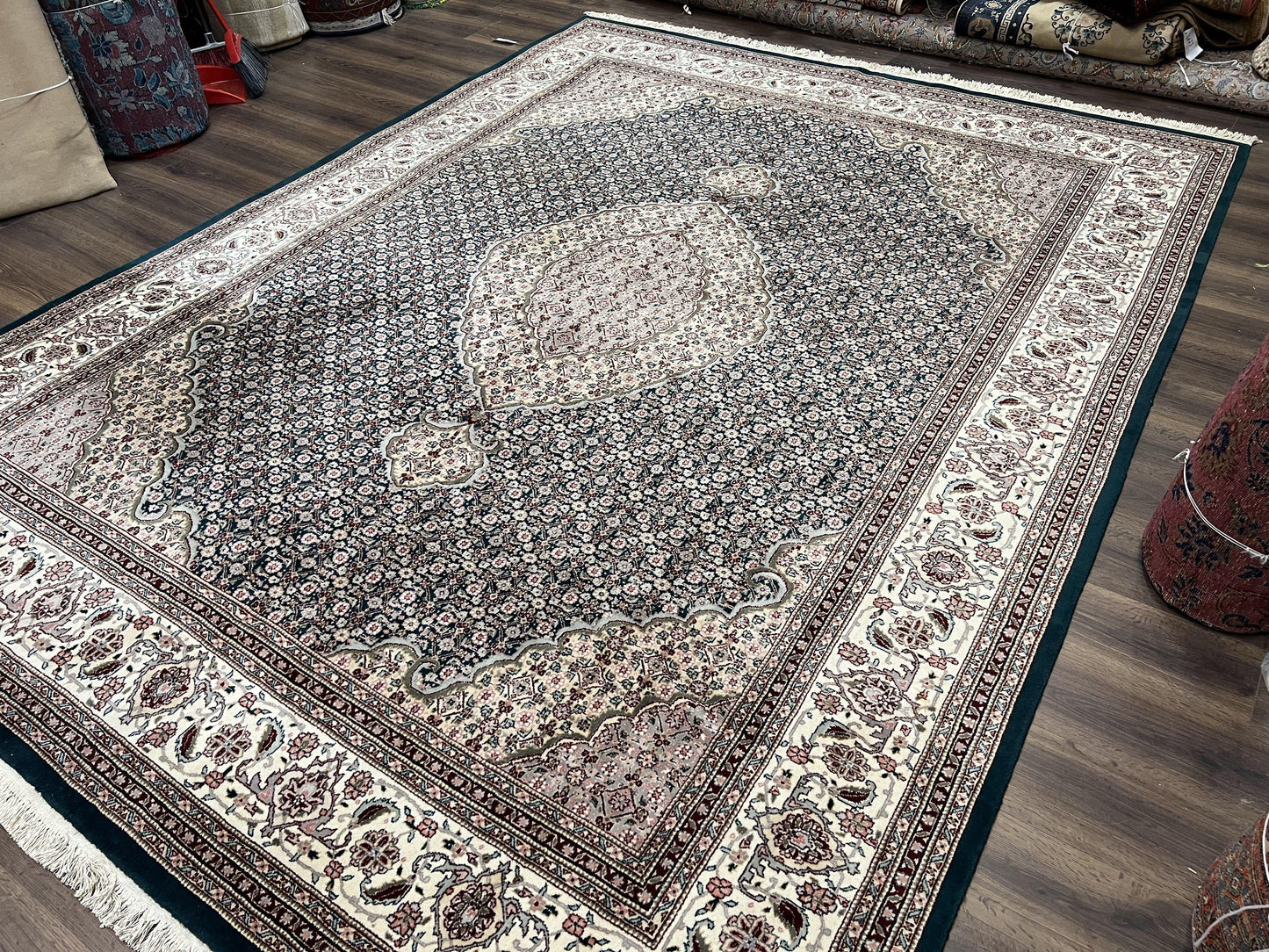 Sino Persian Rug 9x12, Dark Green and Ivory, Medallion, Mahi Herati, Elegant Oriental Carpet, Wool Hand Knotted Traditional Room Sized Rug