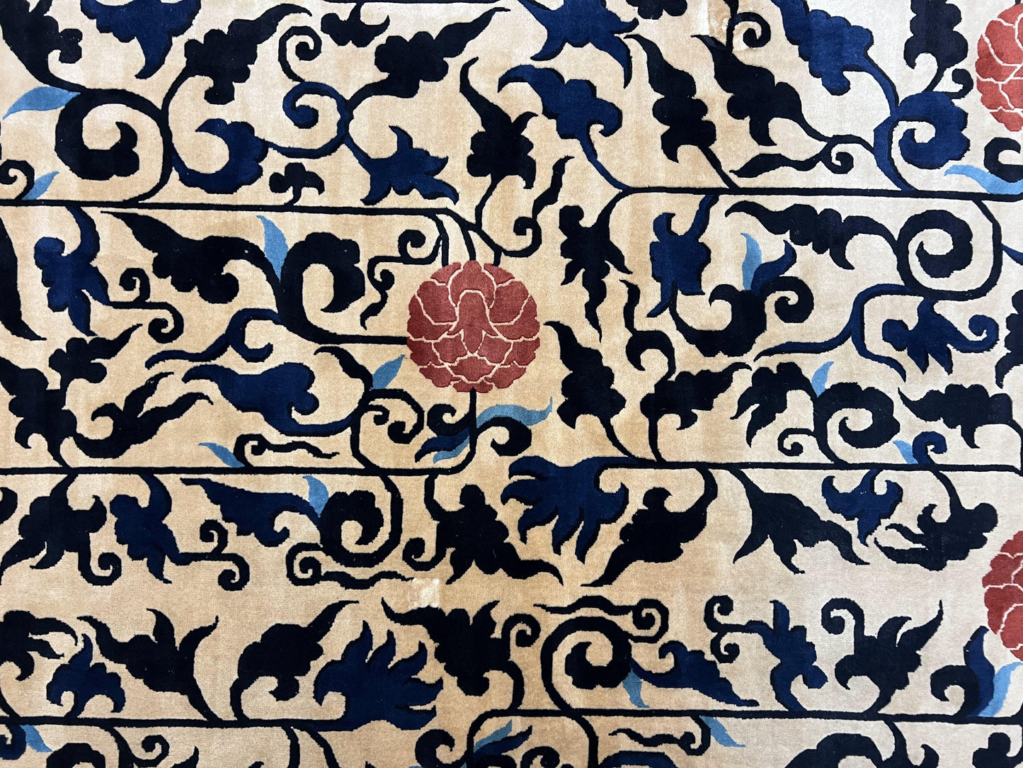 Antique Chinese Peking Rug 10x14, Beige Black, Handmade Wool Art Deco Carpet