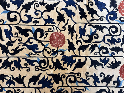 Antique Chinese Peking Rug 10x14, Beige Black, Handmade Wool Art Deco Carpet