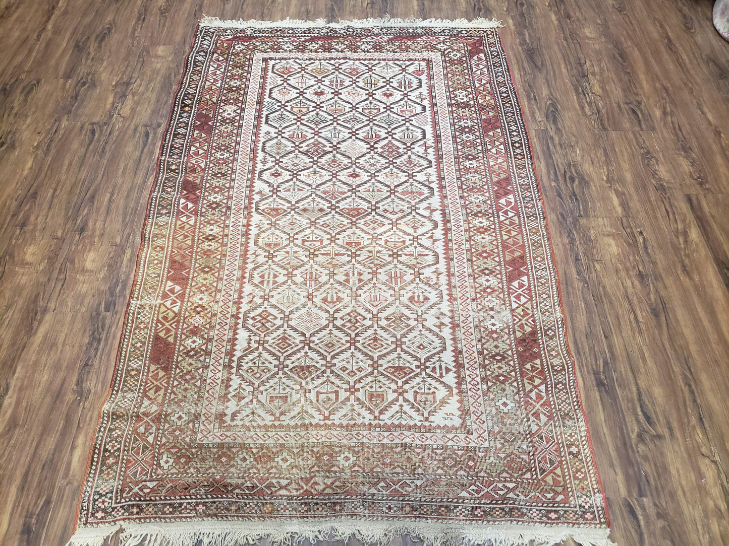 Antique Shirvan Rug 4x6 Dagestan Wool Hand Knotted Soft Red Ivory Oriental Carpet