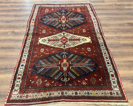 Antique Persian Tribal Rug 5 x 7.8, Triple Medallions, Red, Persian Afshar Rug