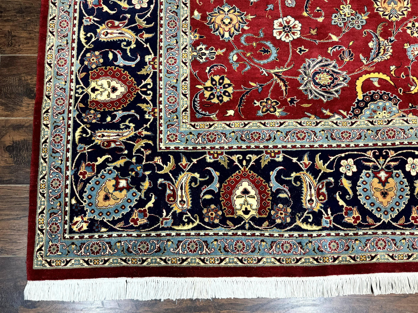 Hand Knotted Persian Rug 9x12 Red Navy Blue Floral Wool Vintage 260 KPSI Carpet