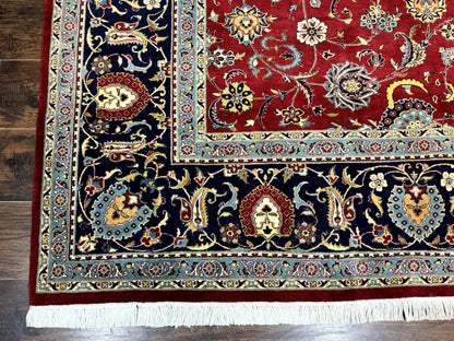 Hand Knotted Persian Rug 9x12 Red Navy Blue Floral Wool Vintage 260 KPSI Carpet