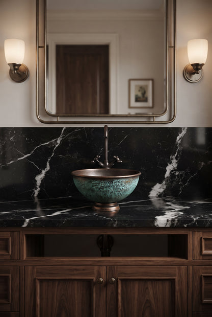 Aged Copper Bathroom Sink with Faucet