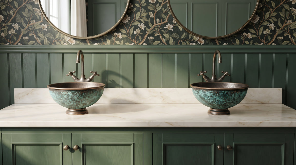 Two turquoise-patina copper vessel sinks on a cream marble countertop above green cabinets, beneath round mirrors and botanical wallpaper.