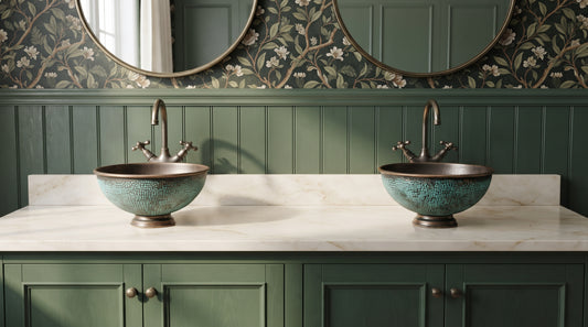 Two turquoise-patina copper vessel sinks on a cream marble countertop above green cabinets, beneath round mirrors and botanical wallpaper.