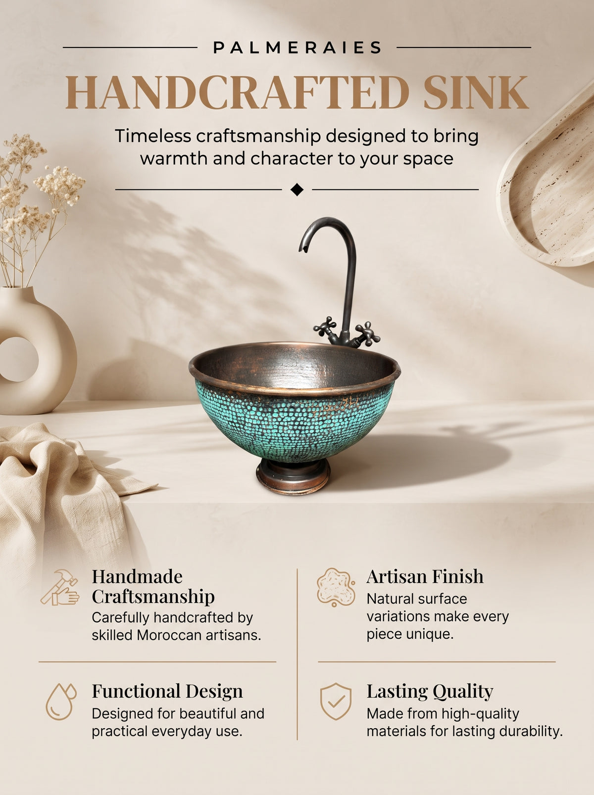 Palmeraies handcrafted sink poster featuring a turquoise-patina copper vessel basin and highlighting craftsmanship, finish, design, and quality.