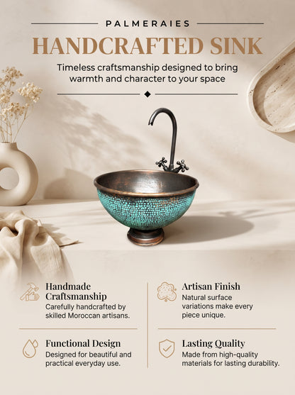 Palmeraies handcrafted sink poster featuring a turquoise-patina copper vessel basin and highlighting craftsmanship, finish, design, and quality.