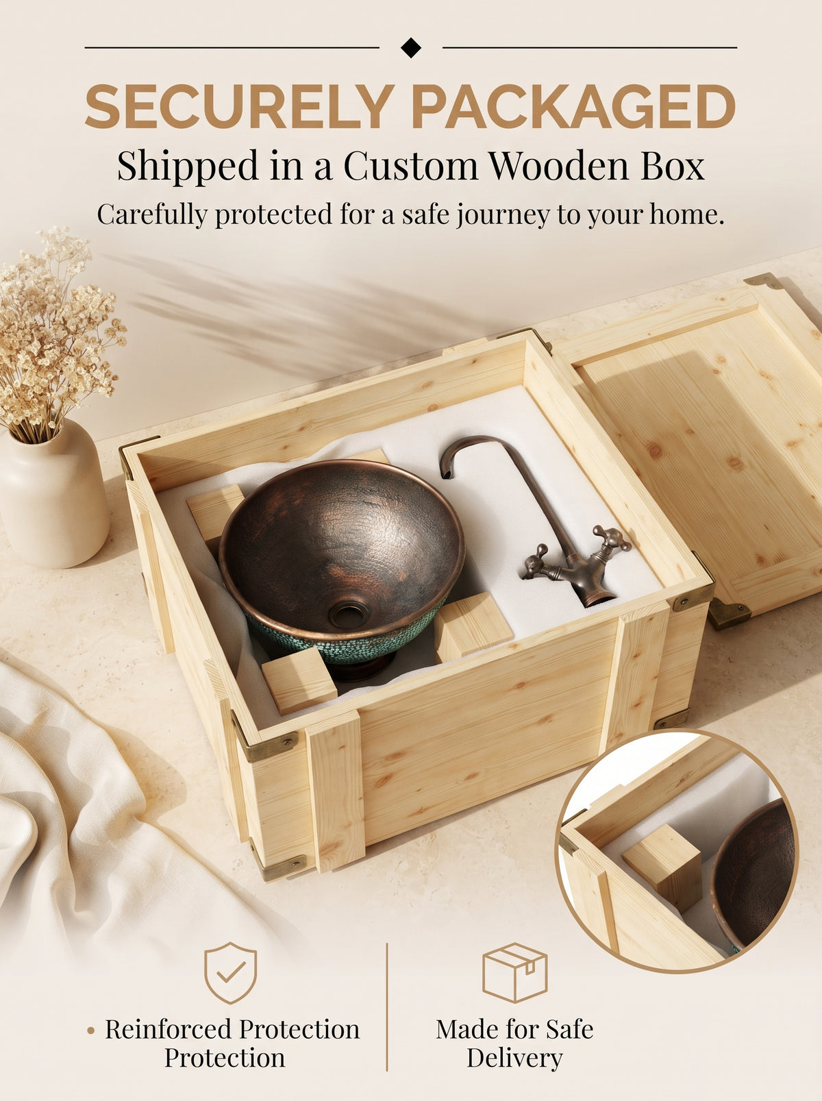 Aged copper vessel sink and curved faucet secured in protective foam inside an open wooden shipping crate beneath “Securely Packaged” text.
