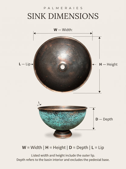 Copper vessel sink dimension diagram with top and side views marking width, height, lip, and basin depth, excluding the pedestal base.