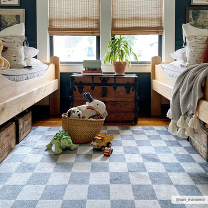 Blue and Gray Washable Checkered Rug - Stylish Home Decor Accent