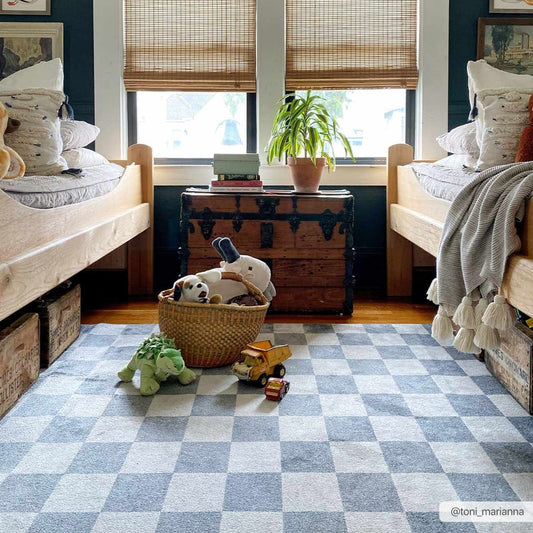 Blue and Gray Washable Checkered Rug - Stylish Home Decor Accent