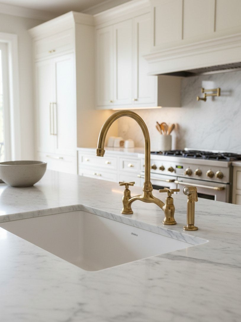Antique brass bridge kitchen faucet with side sprayer installed on a white marble countertop in a luxury white kitchen.