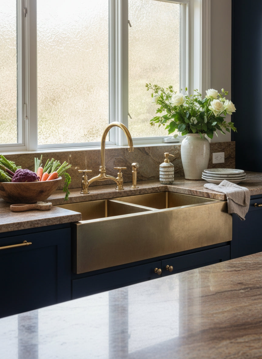 Unlacquered brass bridge kitchen faucet with side sprayer paired with a brass farmhouse sink in a blue kitchen.