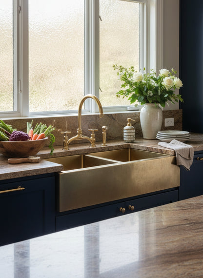 Unlacquered brass bridge kitchen faucet with side sprayer paired with a brass farmhouse sink in a blue kitchen.