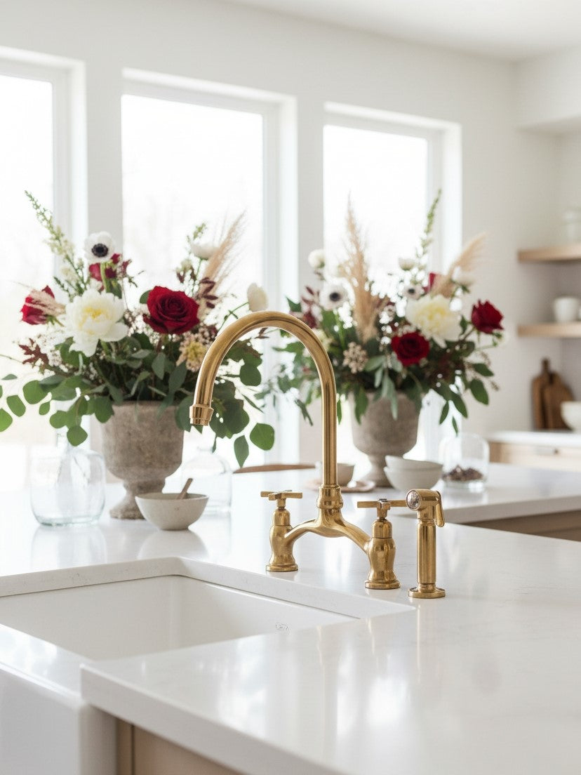 Antique brass bridge kitchen faucet with side sprayer on a white quartz island styled with fresh floral arrangements.