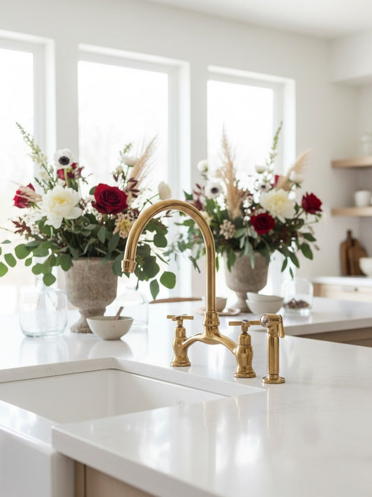 Antique brass bridge kitchen faucet with side sprayer on a white quartz island styled with fresh floral arrangements.