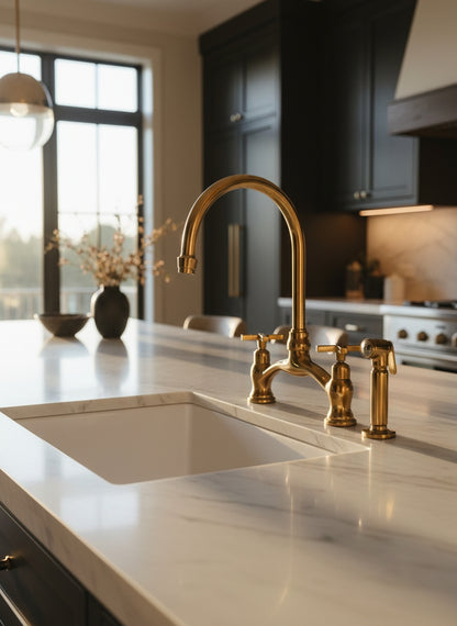 Unlacquered brass bridge kitchen faucet with side sprayer on a white marble countertop in a modern black kitchen.