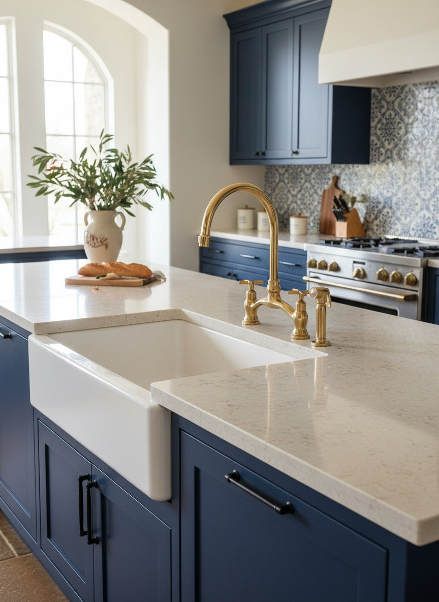 Antique brass bridge kitchen faucet with side sprayer installed beside a white farmhouse sink in a blue shaker kitchen.