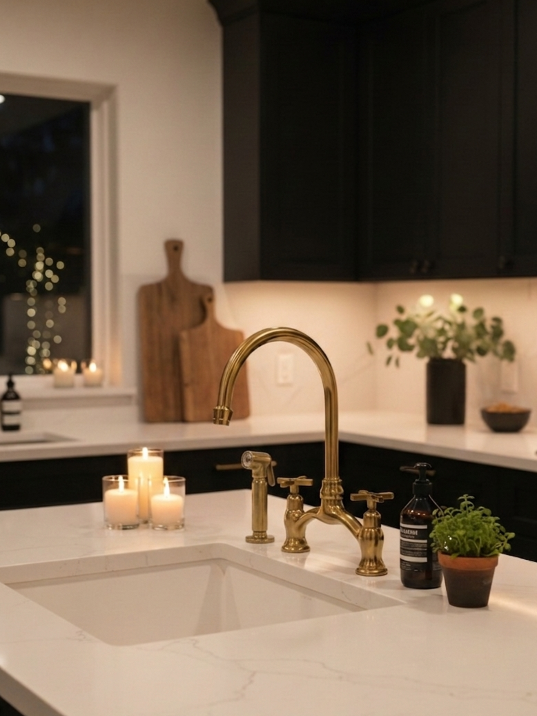 Antique brass bridge kitchen faucet with side sprayer installed beside a white farmhouse sink in a blue shaker kitchen.