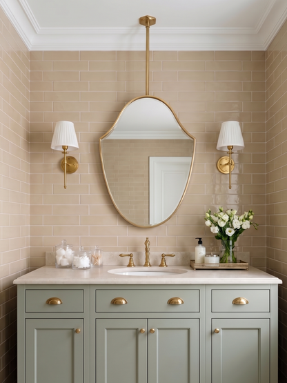 Suspended shield brass mirror above a sage green bathroom vanity with brass fixtures