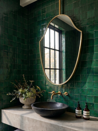 Organic shield brass mirror suspended above a floating vanity in a green tiled luxury bathroom.