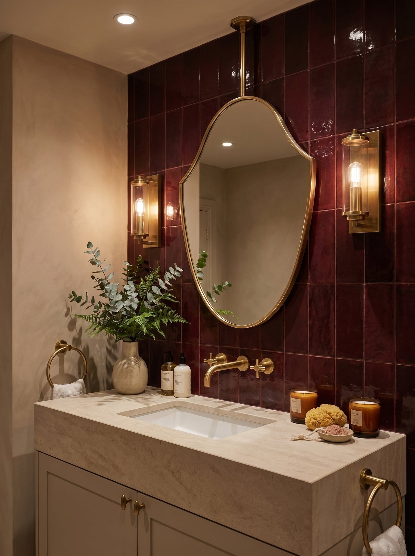 Ceiling-mounted brass shield mirror styled over a stone vanity with rich burgundy tile walls.