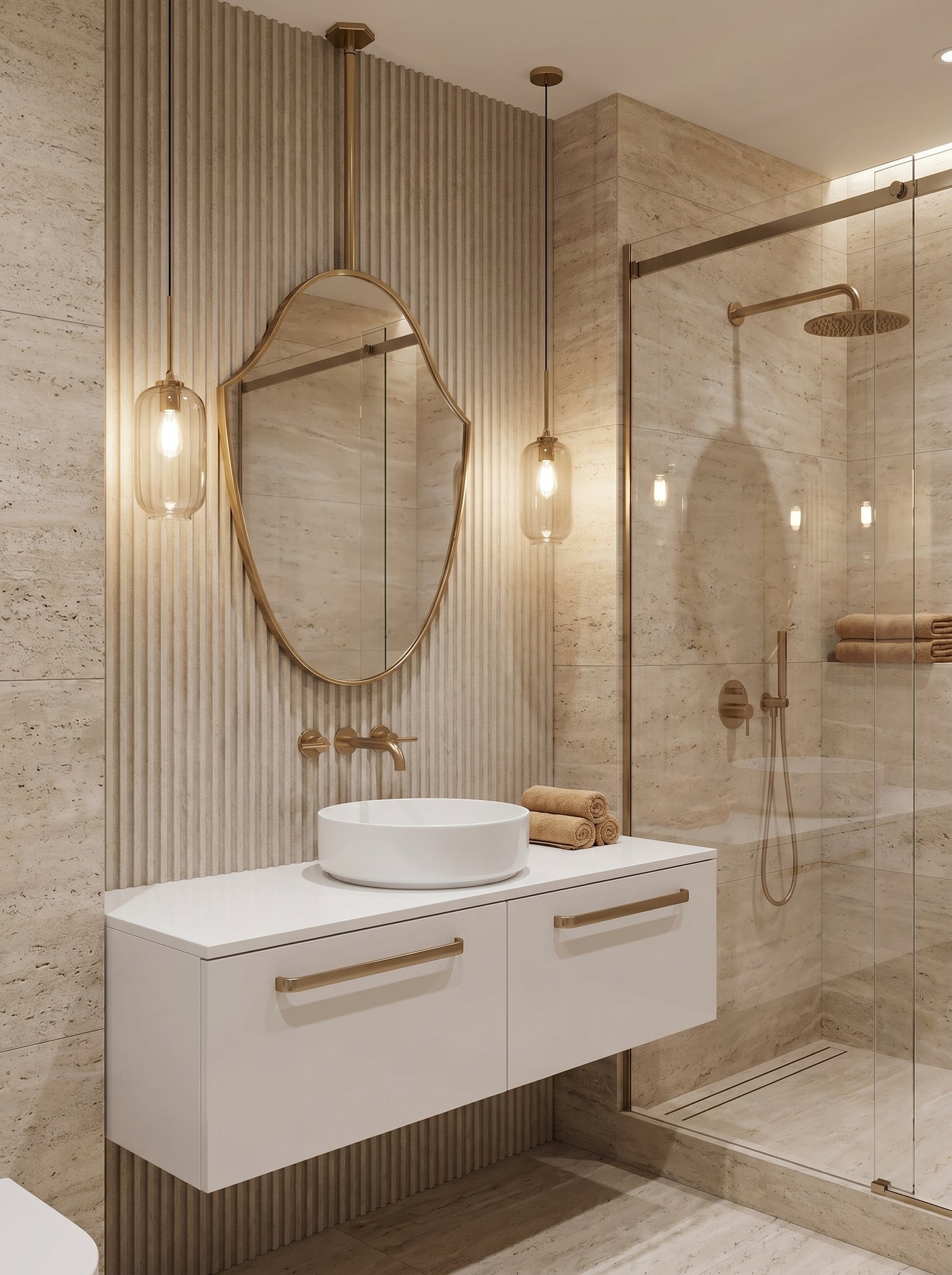 Modern suspended brass shield mirror in a luxury bathroom with floating vanity and stone walls.