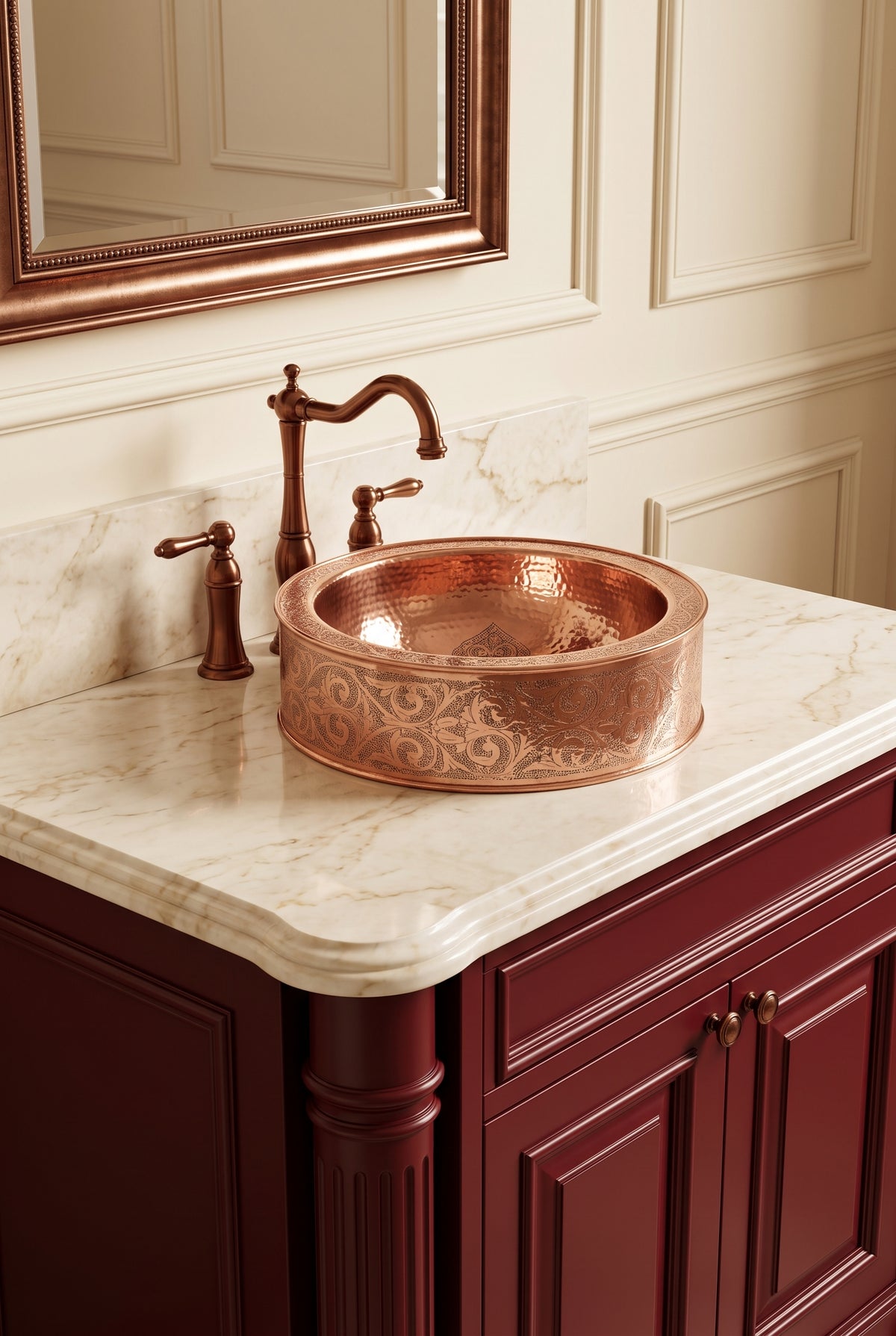 Round engraved copper vessel sink on a cream marble vanity with matching faucet, burgundy cabinets, and copper-framed mirror.