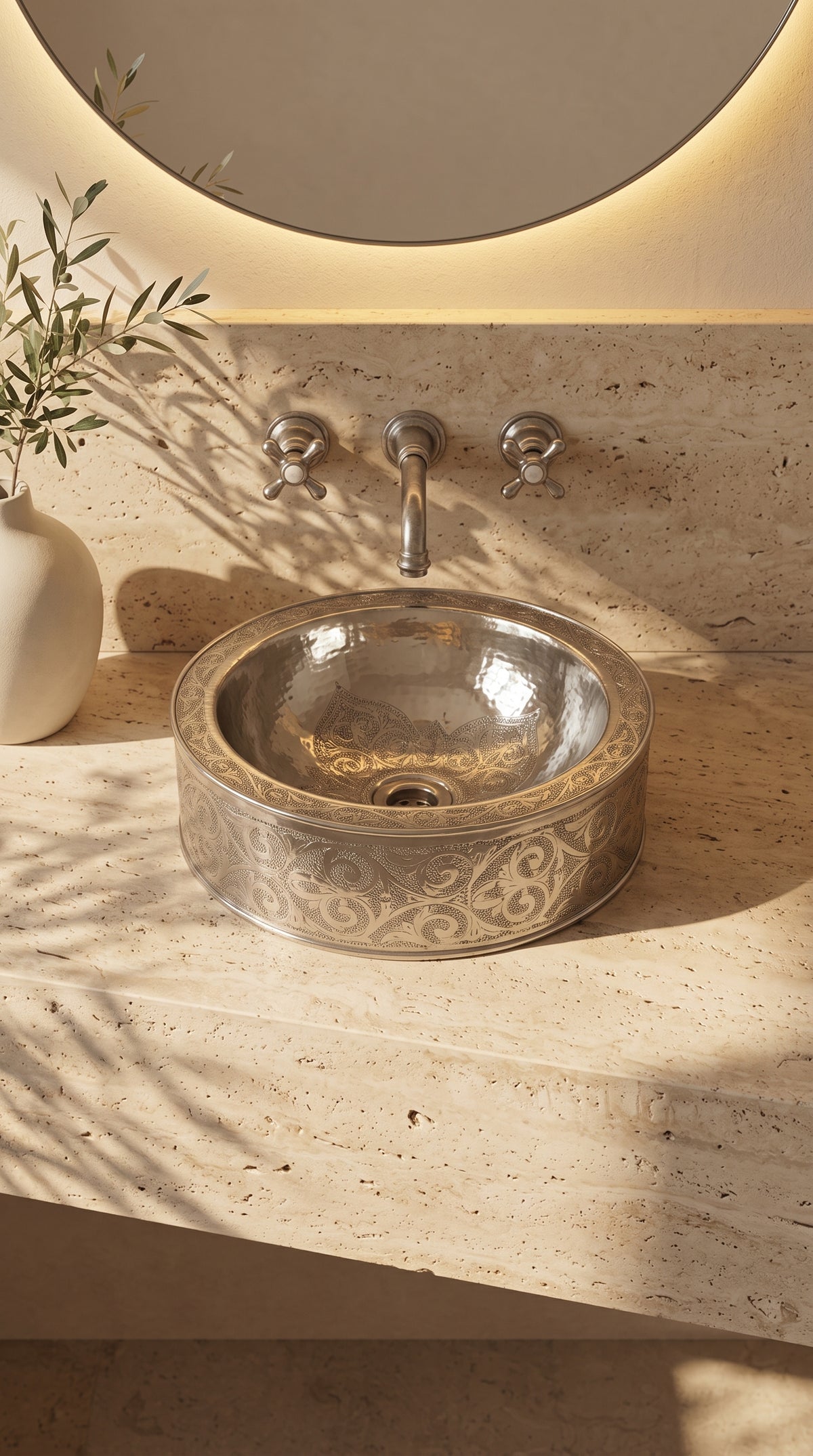 Round silver vessel sink with floral engravings and hammered interior on a travertine vanity beneath a wall-mounted faucet and backlit mirror.