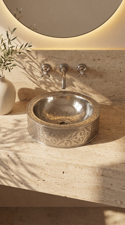 Round silver vessel sink with floral engravings and hammered interior on a travertine vanity beneath a wall-mounted faucet and backlit mirror.
