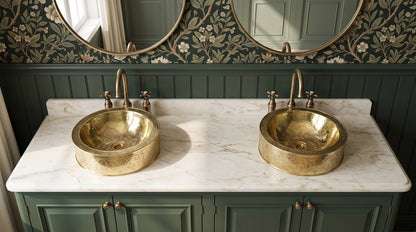 Two engraved brass vessel sinks on a white marble double vanity with green cabinets, brass faucets, and floral wallpaper.