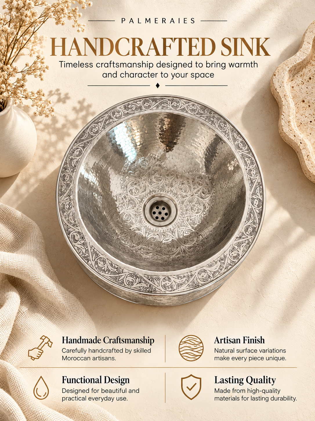 Palmeraies poster featuring an engraved silver vessel sink and highlighting Moroccan craftsmanship, artisan finish, functional design, and lasting quality.