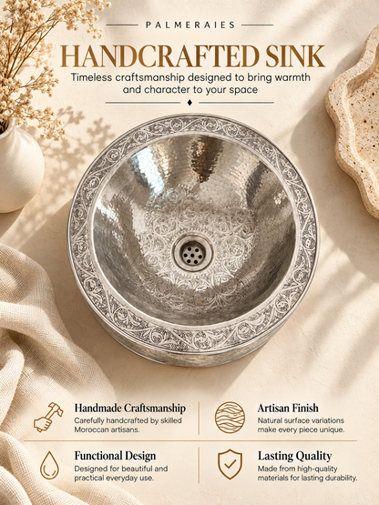 Palmeraies poster featuring an engraved silver vessel sink and highlighting Moroccan craftsmanship, artisan finish, functional design, and lasting quality.