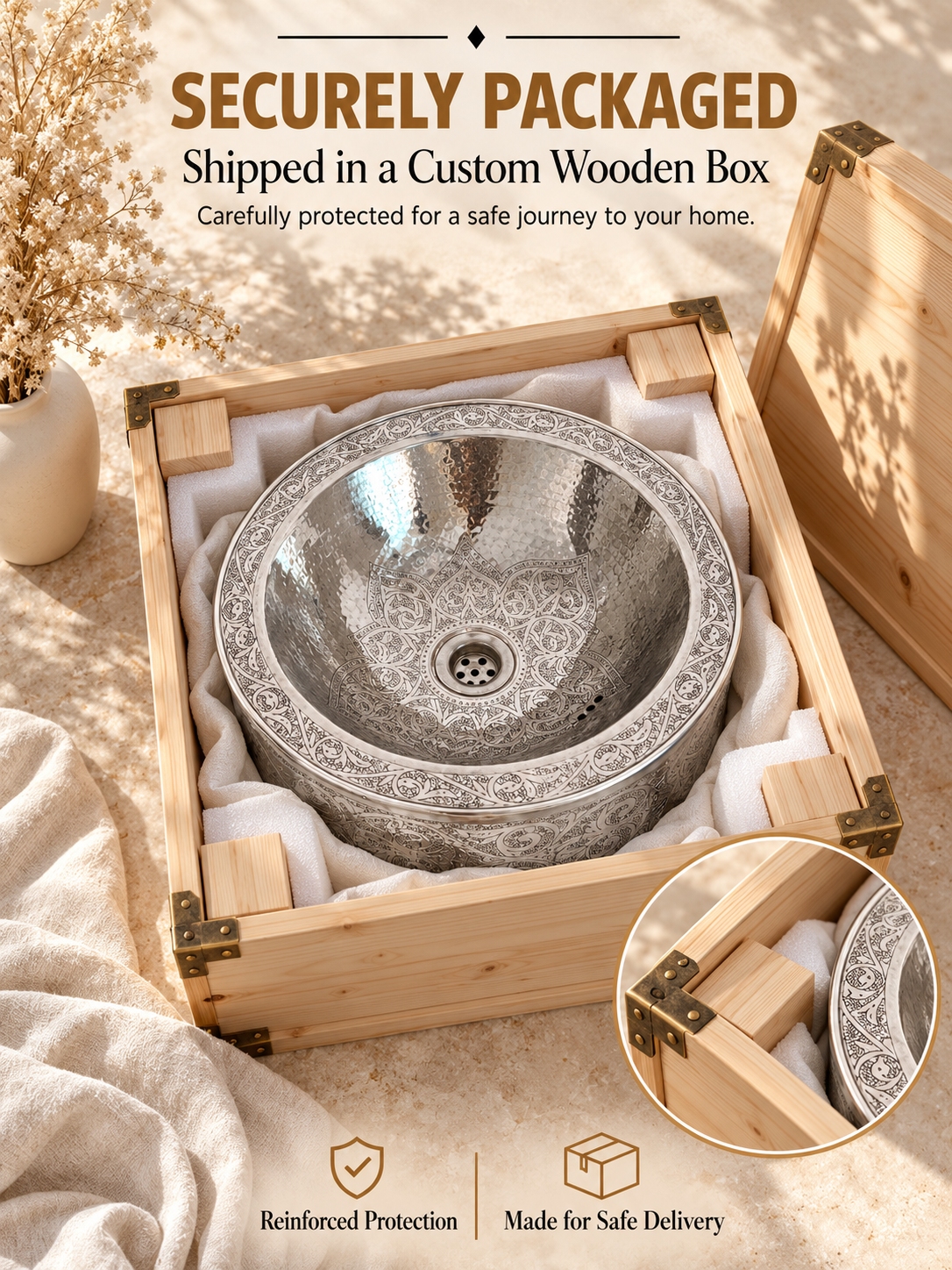 Engraved silver vessel sink cushioned inside a reinforced wooden shipping box, with text highlighting secure packaging and safe delivery.