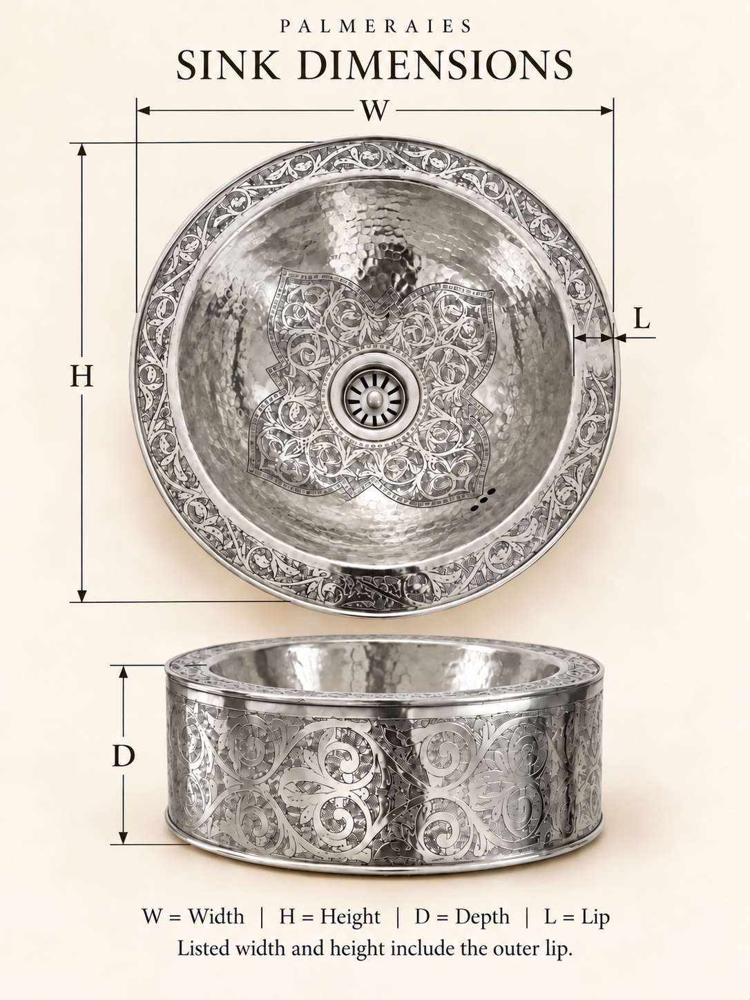 Dimension diagram of a round engraved brass sink with a hammered basin and ornate floral patterns, showing top and side views labeled width, height, depth, and lip. Width and height include the outer lip.