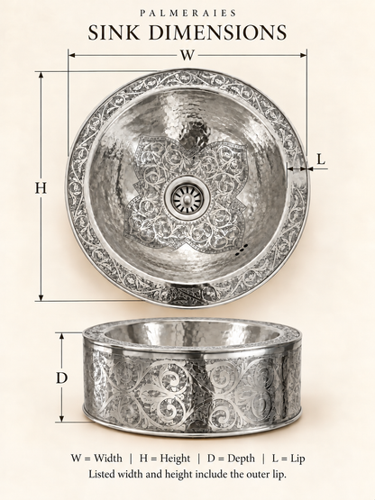 Dimension diagram of a round engraved brass sink with a hammered basin and ornate floral patterns, showing top and side views labeled width, height, depth, and lip. Width and height include the outer lip.