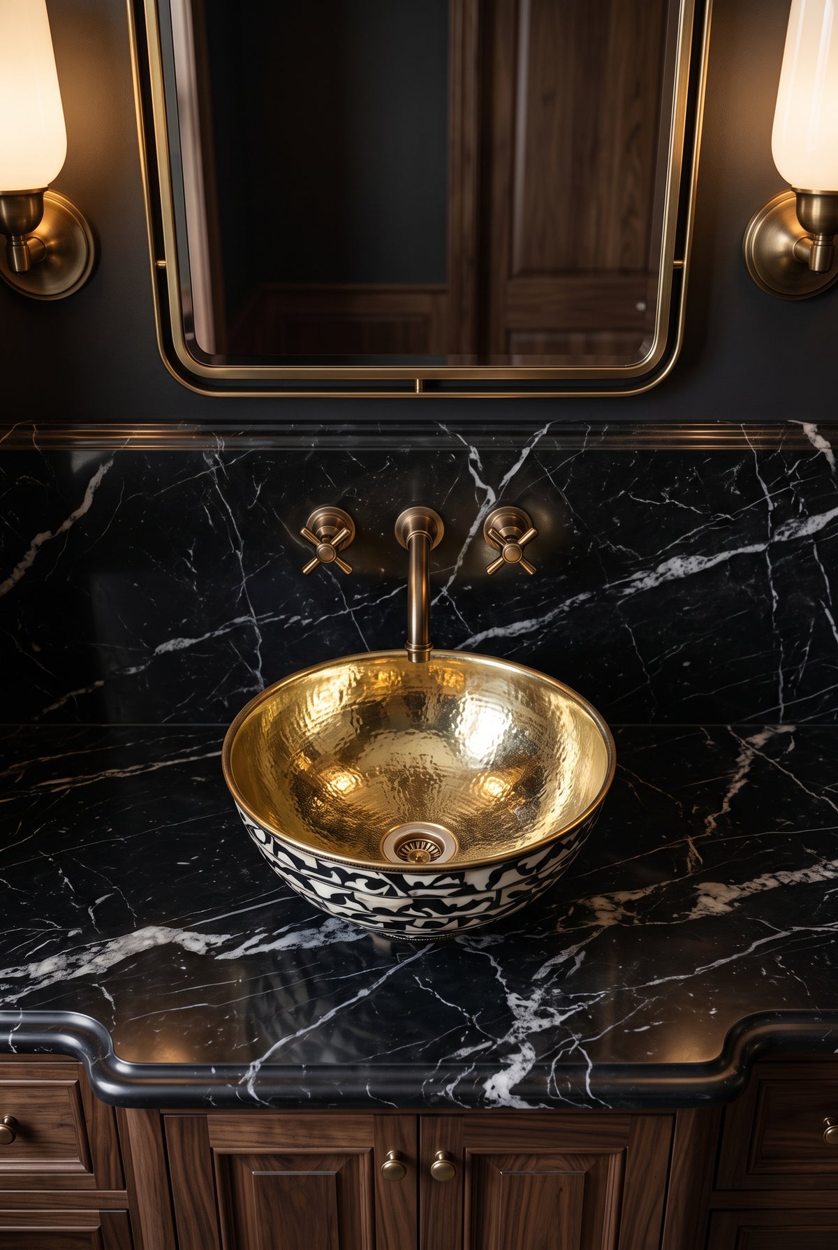 Brass and floral bone inlay vessel sink on black veined marble beneath a wall-mounted brass faucet, rectangular mirror, and sconces.