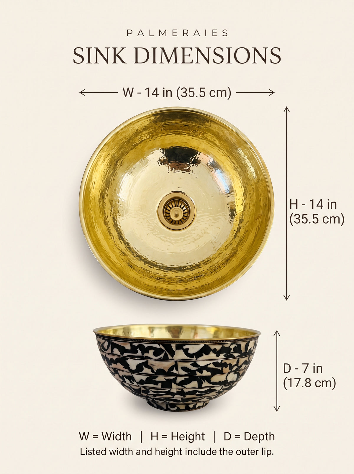 Bone inlay sink dimension diagram showing top and side views: 14 inches (35.5 cm) across and 7 inches (17.8 cm) deep.