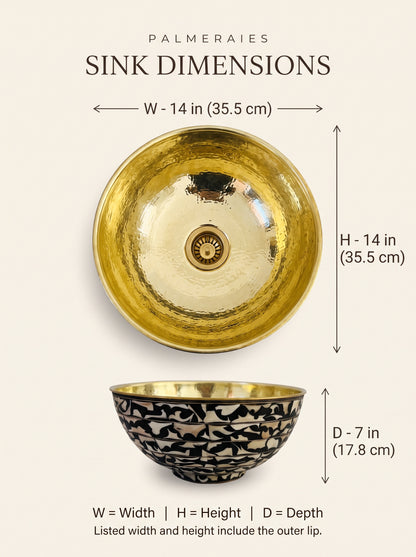 Bone inlay sink dimension diagram showing top and side views: 14 inches (35.5 cm) across and 7 inches (17.8 cm) deep.