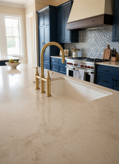 Luxury bridge kitchen faucet in polished brass installed on a white quartz countertop with an undermount sink in a contemporary blue kitchen.