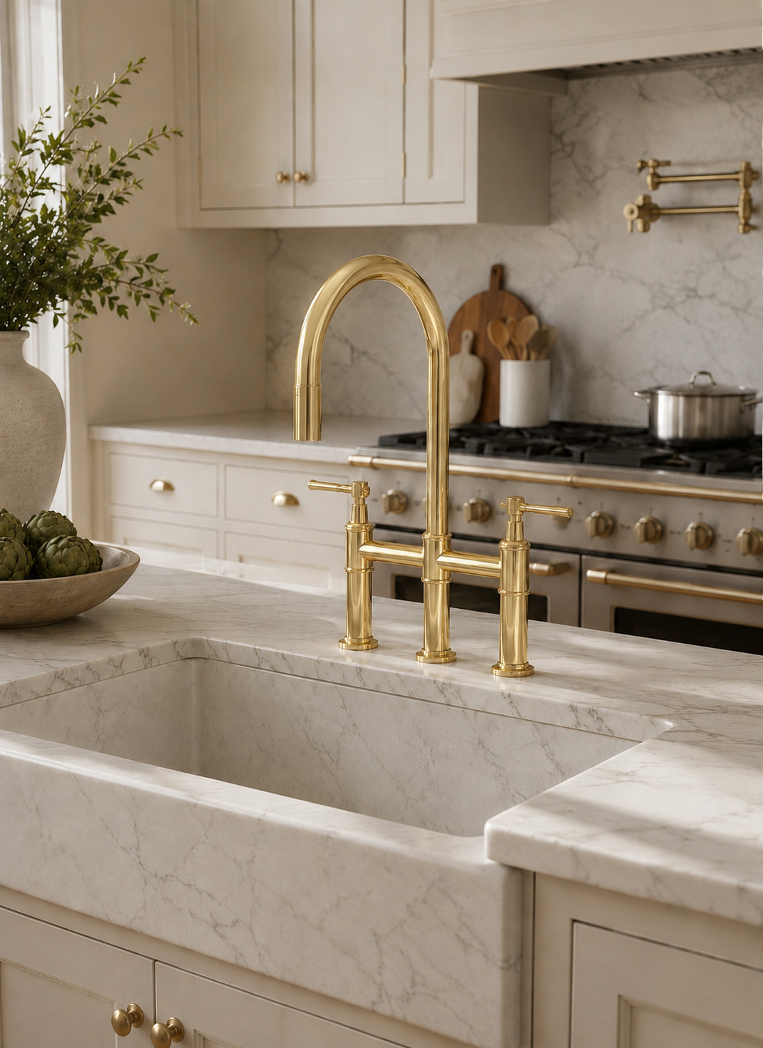 Elegant solid brass bridge kitchen faucet with pull-down sprayer mounted on a white marble farmhouse sink in a classic luxury kitchen.