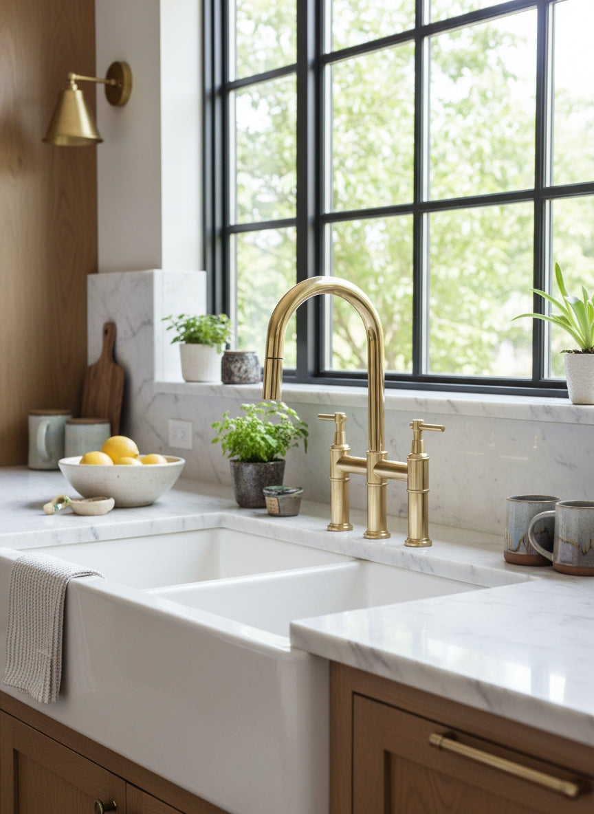 Traditional solid brass bridge faucet with pull-down sprayer beside a white farmhouse sink in a bright kitchen with large black-framed windows.
